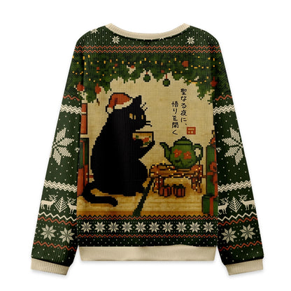 Cute Cat Drinking Tea Christmas Ugly Sweatshirt
