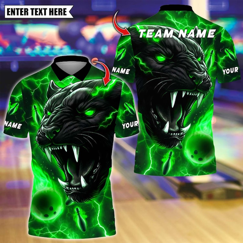 Custom Bowling Polo Shirt, Black Panther With Bowling Design, Personalized Bowling Polo for Men Women, Personalized Name Team 3D Shirt