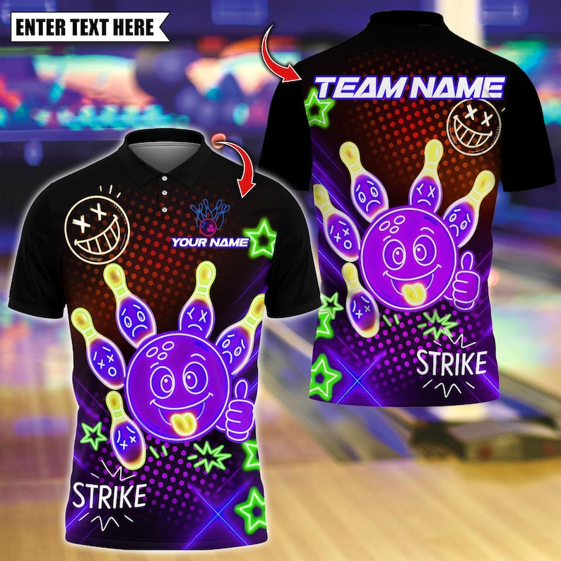 Custom Bowling Polo Shirt, Neon Bowling Ball Strike Funny Design, Personalized Bowling Polo for Men Women, Personalized Name Team 3D Shirt