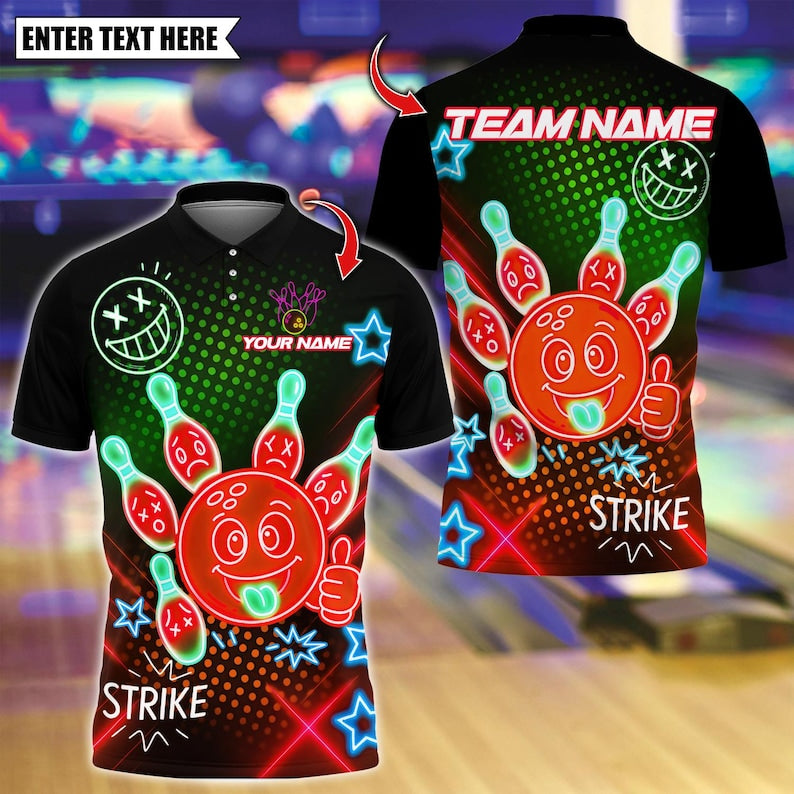 Custom Bowling Polo Shirt, Neon Bowling Ball Strike Funny Design, Personalized Bowling Polo for Men Women, Personalized Name Team 3D Shirt