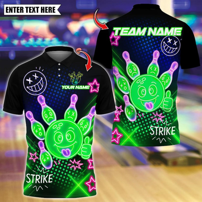 Custom Bowling Polo Shirt, Neon Bowling Ball Strike Funny Design, Personalized Bowling Polo for Men Women, Personalized Name Team 3D Shirt