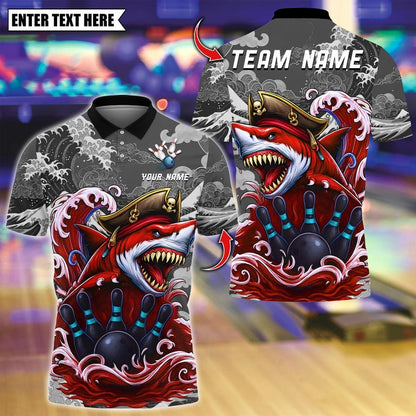 Custom Bowling Polo Shirt, Shark Pirate With Bowling And Pins Design,Personalized Bowling Polo for Men Women,Personalized Name Team 3D Shirt