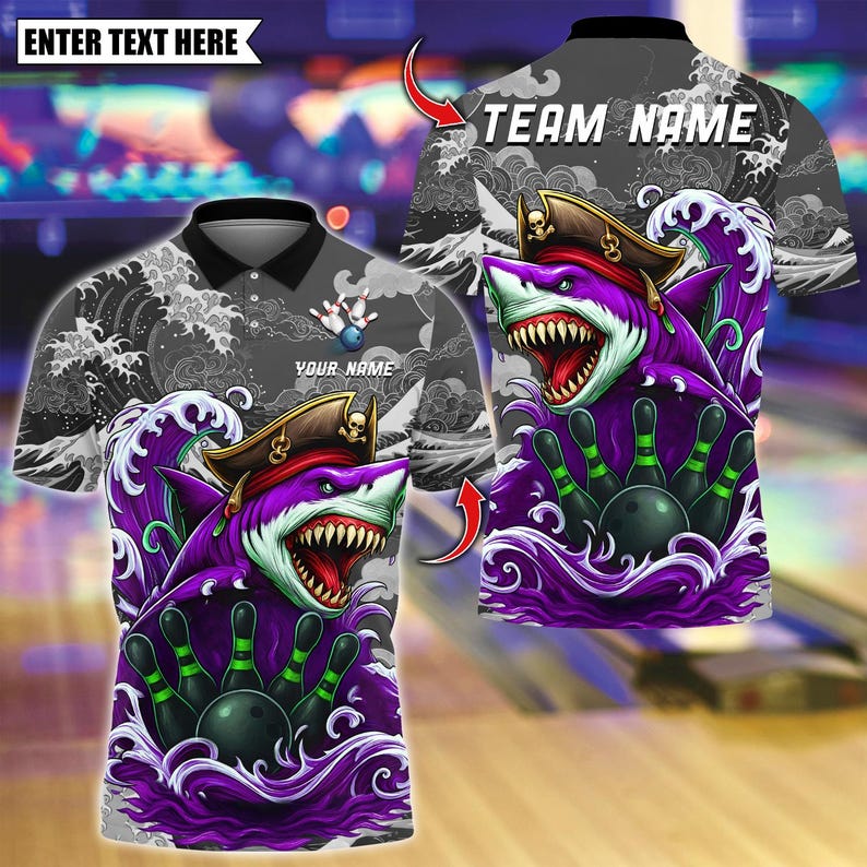Custom Bowling Polo Shirt, Shark Pirate With Bowling And Pins Design,Personalized Bowling Polo for Men Women,Personalized Name Team 3D Shirt