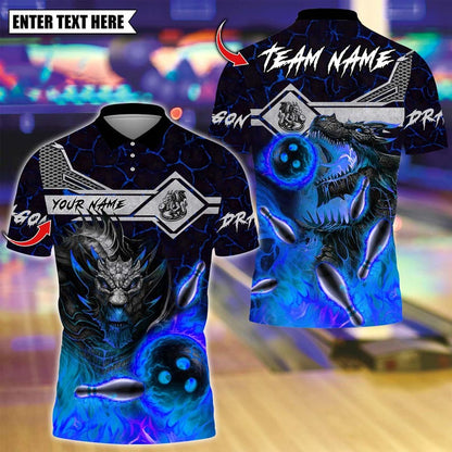 Custom Bowling Polo Shirt, Fire Dragon With Bowling Design, Personalized Bowling Polo for Men Women, Personalized Name Team 3D Shirt