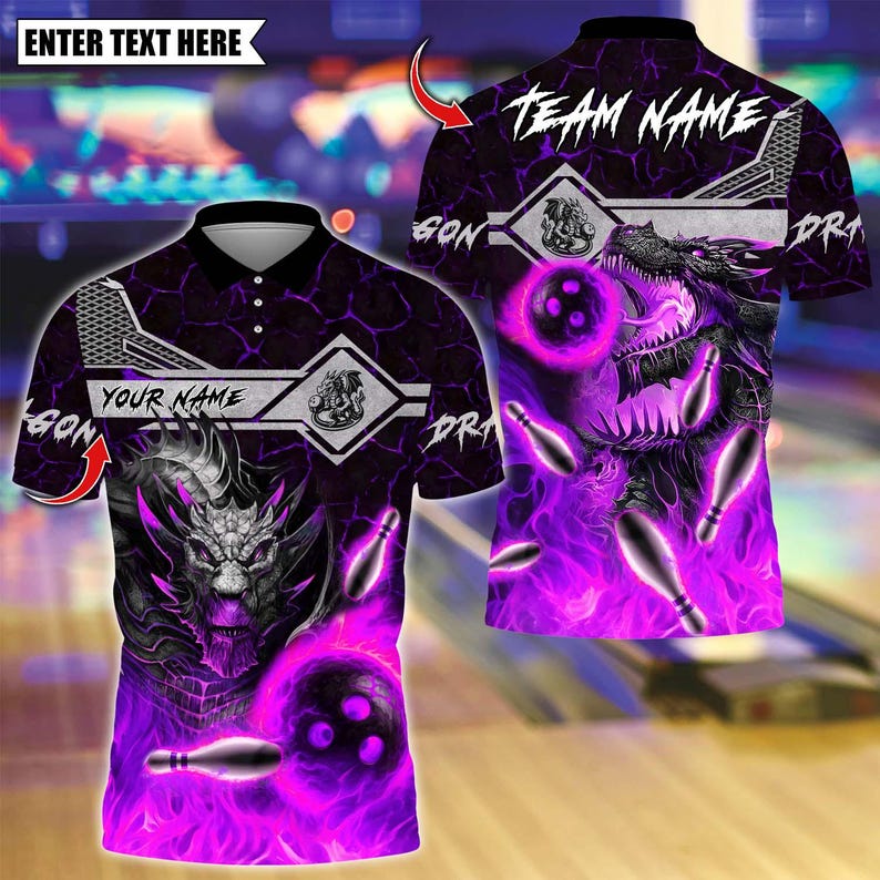 Custom Bowling Polo Shirt, Fire Dragon With Bowling Design, Personalized Bowling Polo for Men Women, Personalized Name Team 3D Shirt
