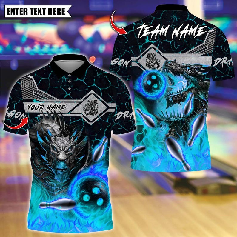 Custom Bowling Polo Shirt, Fire Dragon With Bowling Design, Personalized Bowling Polo for Men Women, Personalized Name Team 3D Shirt