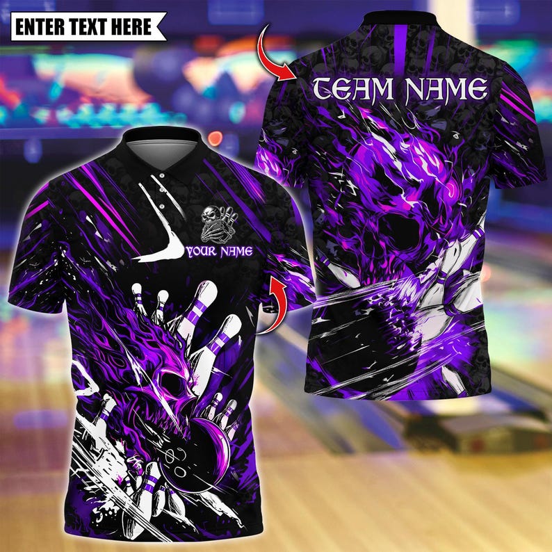 Custom Bowling Polo Shirt, Flame Skull Strike With Bowling Design, Personalized Bowling Polo for Men Women, Personalized Name Team 3D Shirt