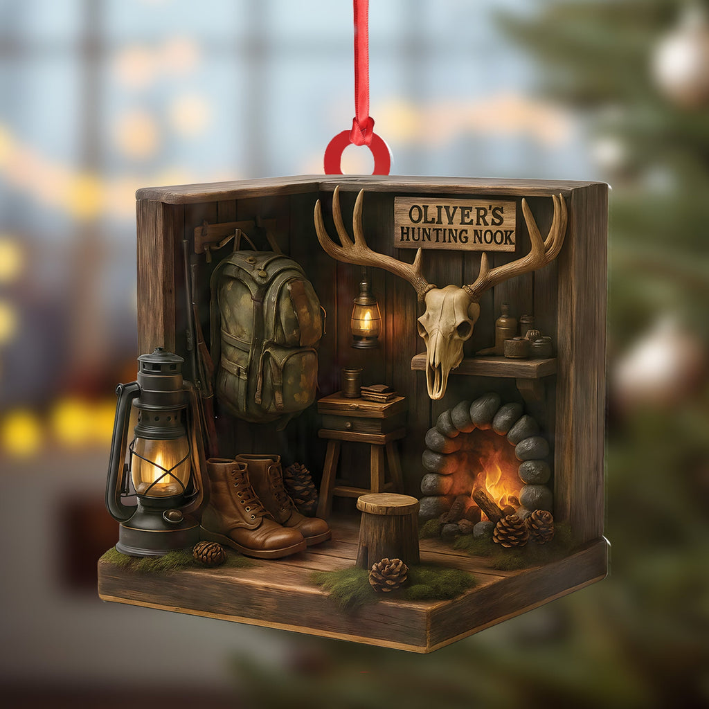 Personalized Hunting Cabin Ornament, Custom Name Deer Antler Lodge Christmas Decoration