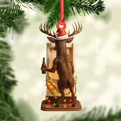 Personalized Acrylic Deer Christmas Ornament - Funny Buck with Santa Hat Drinking Beer by Urinal Holiday Decor
