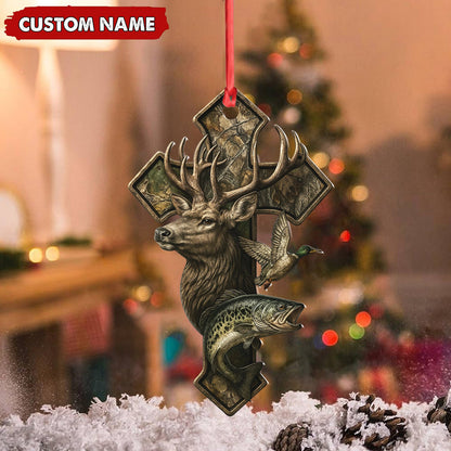 Personalized Hunter Acrylic Ornament - Deer, Duck & Fish Cross Design for Christmas Tree Decor