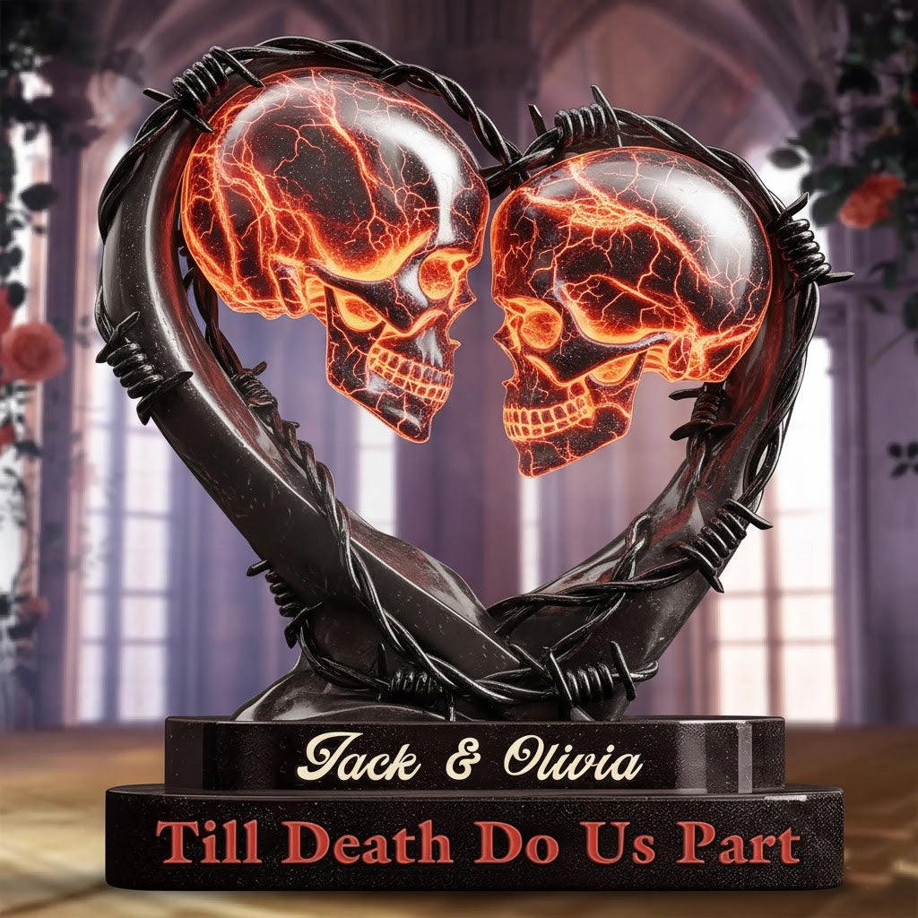 Double Lava Skulls in Barbed-Wire Heart Statue – Personalized “Till Death Do Us Part”