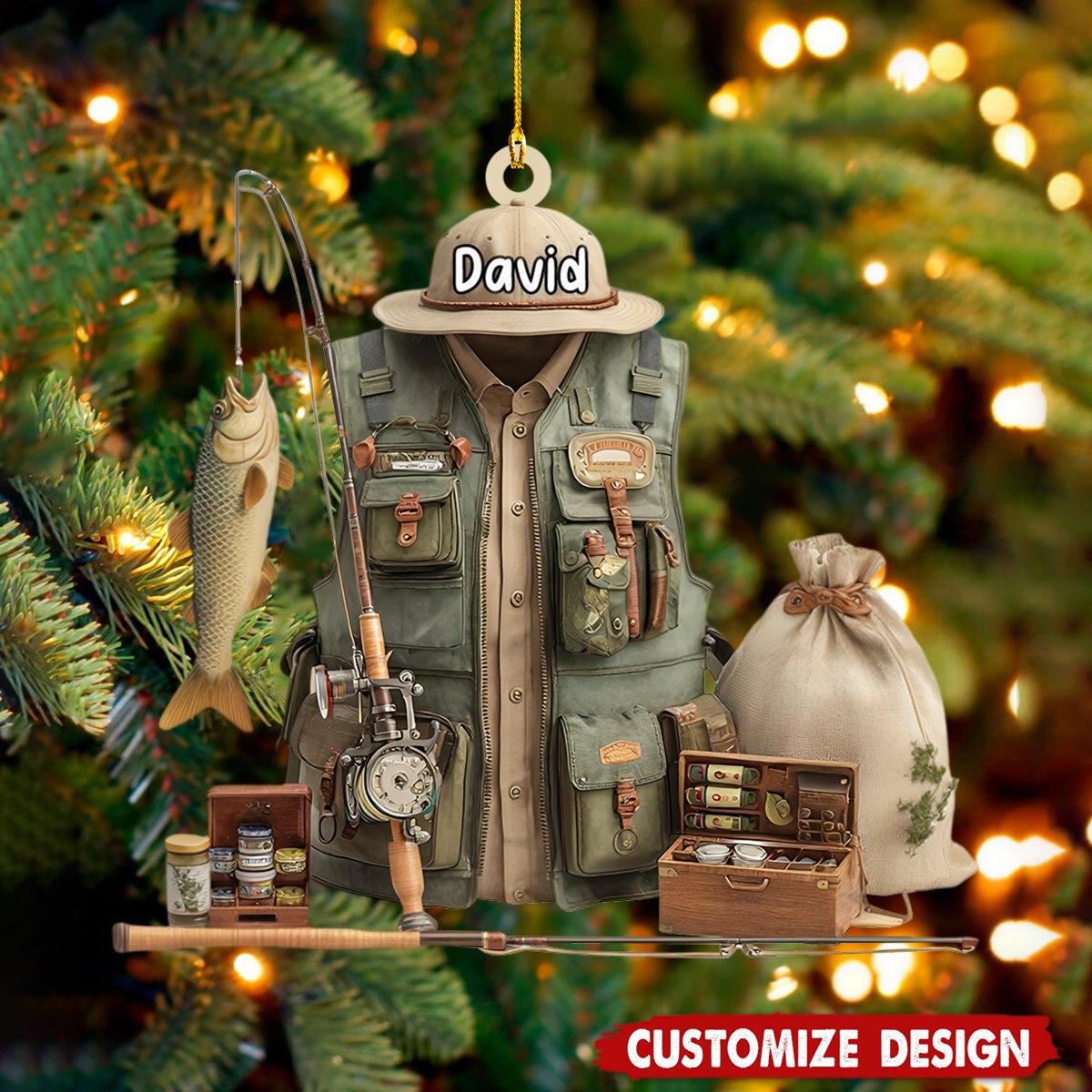 Personalized Fishing Gear Ornament, Gift for Fishing Lovers, Fishing Ornament for Dad, Fisherman Ornament, Fishing Christmas Ornament