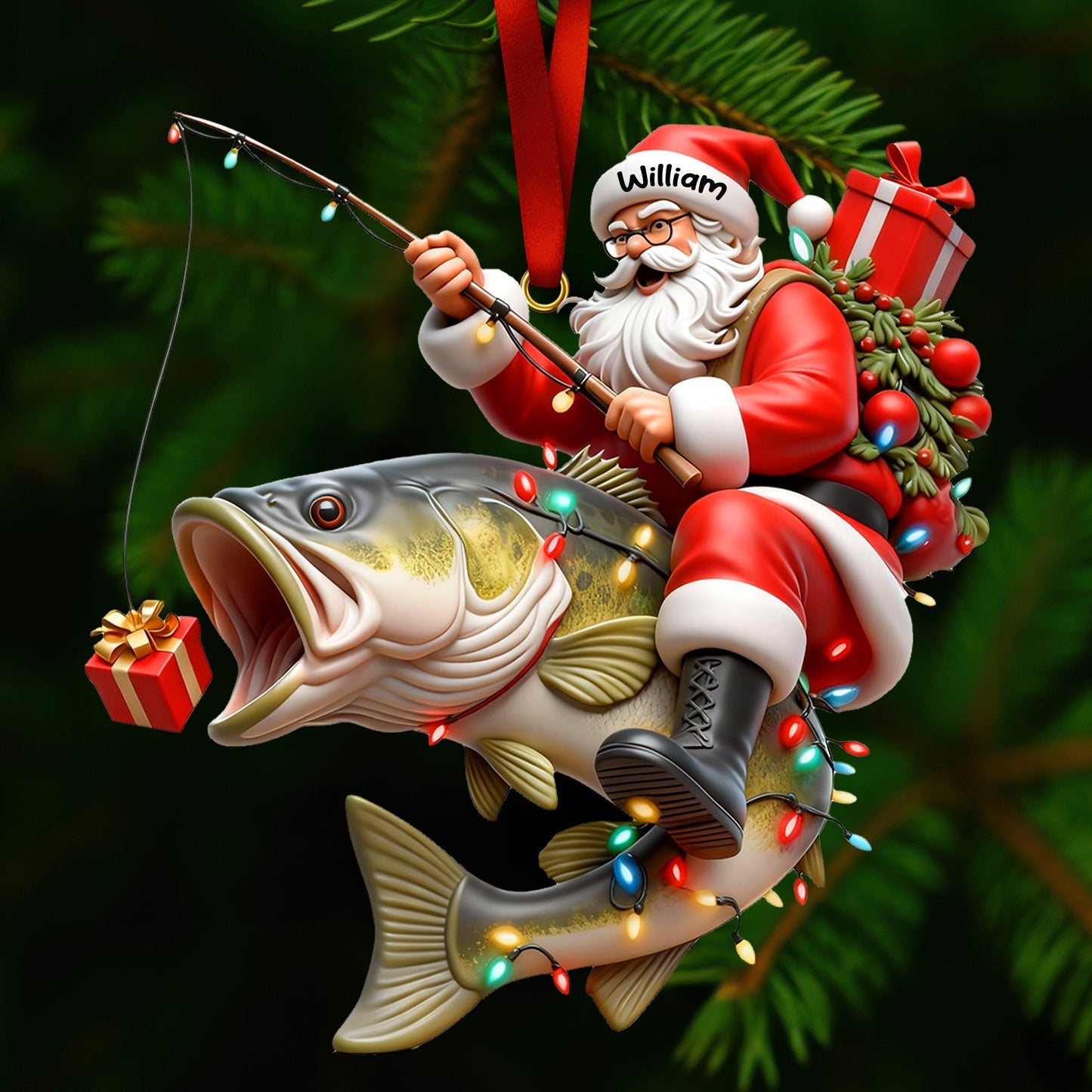 Fishing Santa Acrylic Ornament, Personalized Gifts For Fishing Lovers
