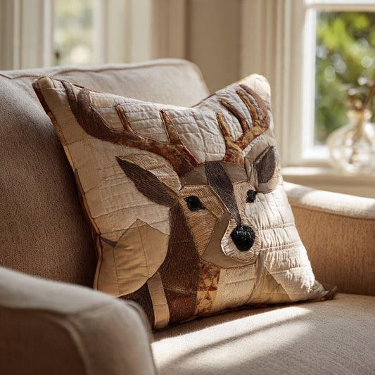 Patchwork Stag Quilted Pillow — Textured Antlers, Cabin Lodge Decor