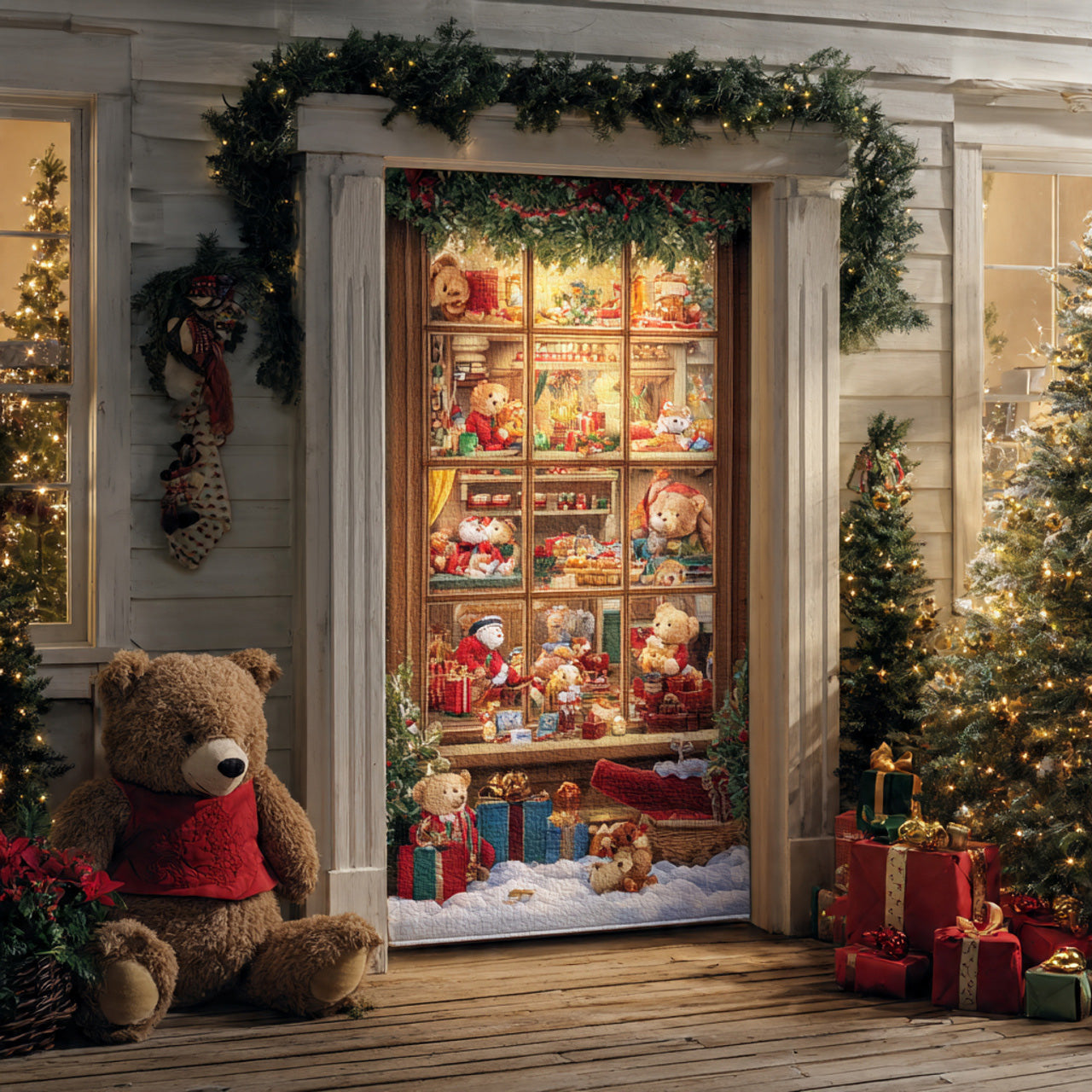 Grand Toy Store Window Grid — Holiday Front Door Banner, Teddy Bear Christmas Décor