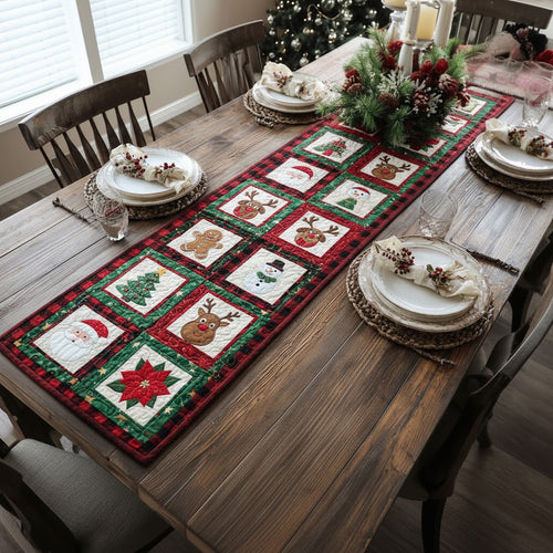 Patchwork Christmas Icons Table Runner — Santa, Reindeer, Tree & Snowman Design