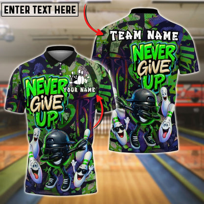 Bowling And Pins Graffiti Never Give Up Dab Customized Name, Team Name 3D Shirt (4 Colors)