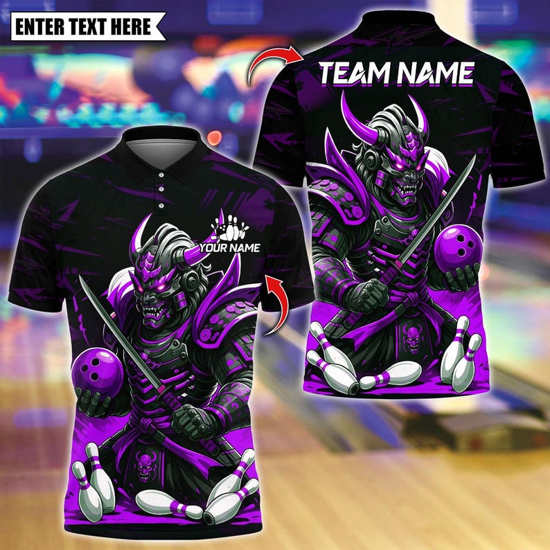 Custom Bowling Polo Shirt, Samurai With Bowling Design, Personalized Bowling Polo for Men Women, Personalized Name Team 3D Shirt