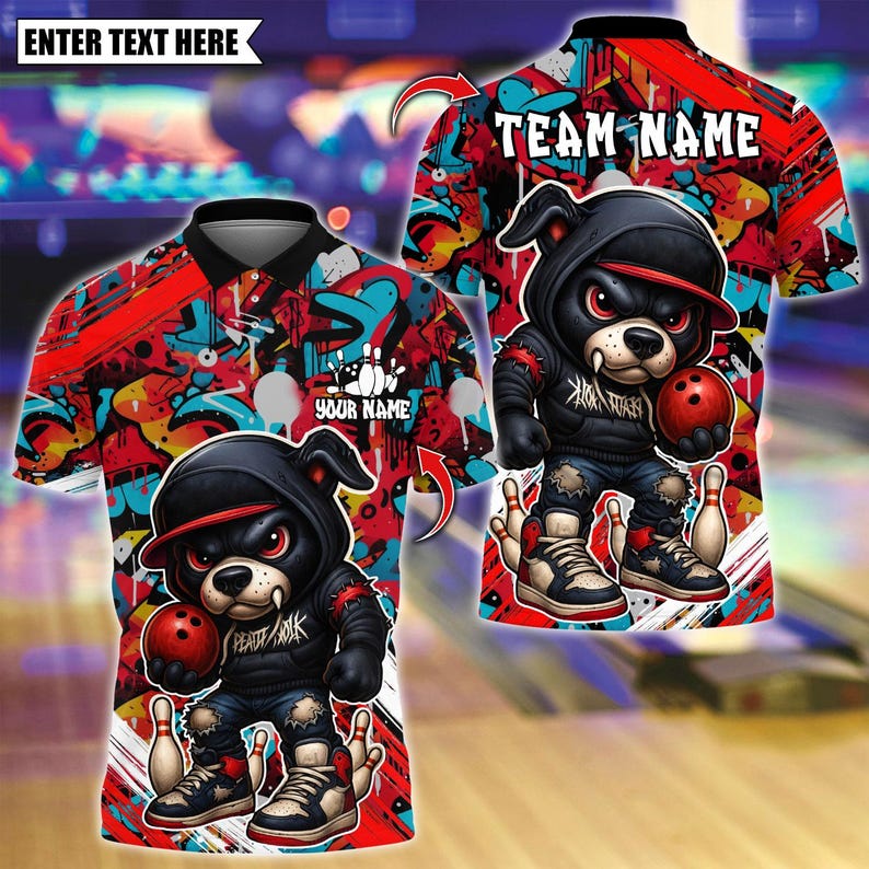 Custom Bowling Polo Shirt, Streetwear Bear With Bowling Design, Personalized Bowling Polo for Men Women, Personalized Name Team 3D Shirt