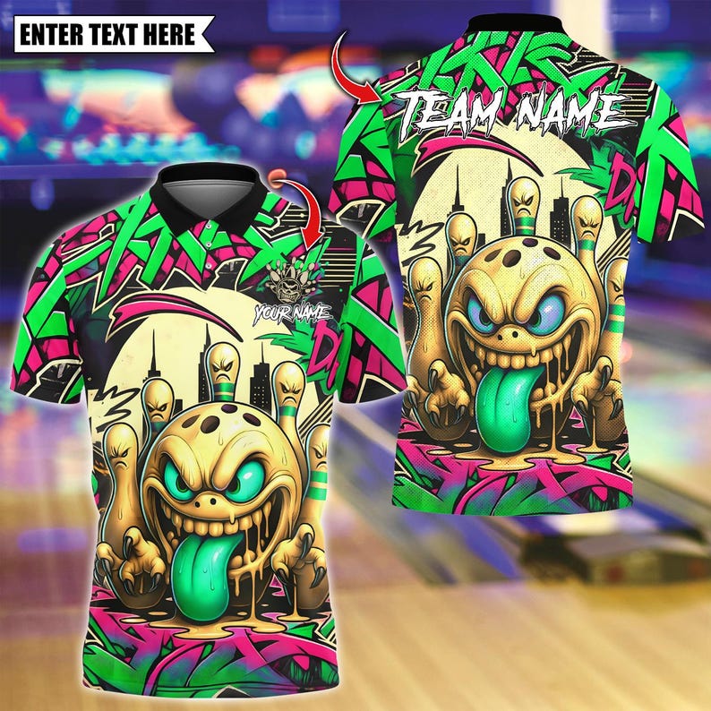 Custom Bowling Polo Shirt, Mad Bowl Graffiti Design, Personalized Bowling Polo for Men Women, Personalized Name Team 3D Shirt