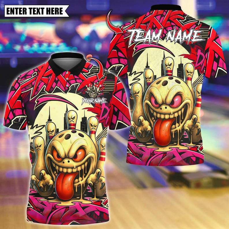 Custom Bowling Polo Shirt, Mad Bowl Graffiti Design, Personalized Bowling Polo for Men Women, Personalized Name Team 3D Shirt