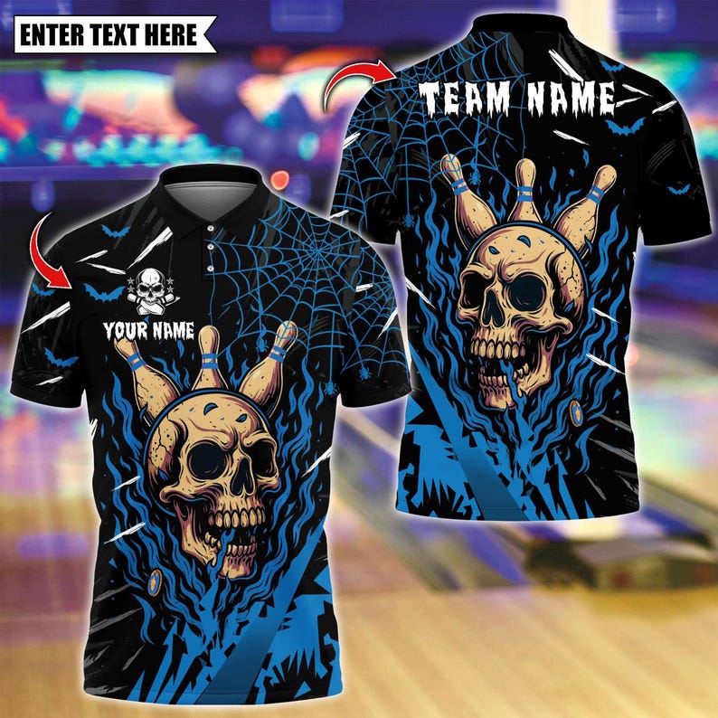 Custom Bowling Polo Shirt, Flame Bowling Skull Halloween Design, Personalized Bowling Polo for Men Women, Personalized Name Team 3D Shirt