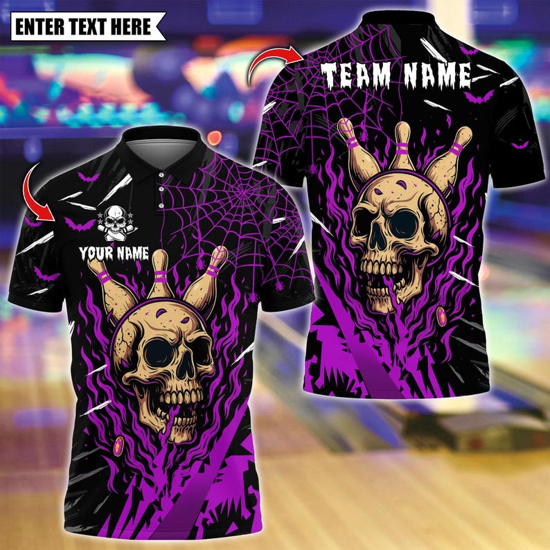 Custom Bowling Polo Shirt, Flame Bowling Skull Halloween Design, Personalized Bowling Polo for Men Women, Personalized Name Team 3D Shirt