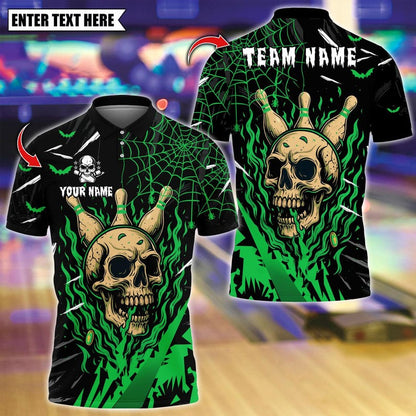 Custom Bowling Polo Shirt, Flame Bowling Skull Halloween Design, Personalized Bowling Polo for Men Women, Personalized Name Team 3D Shirt
