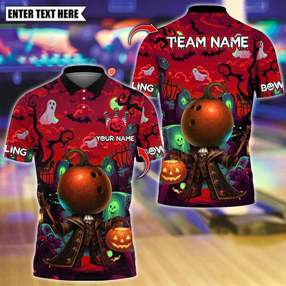 Custom Bowling Polo Shirt, Halloween Bowling With Pumpkin Design, Personalized Bowling Polo for Men Women, Personalized Name Team 3D Shirt
