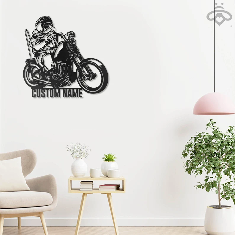 Custom Christmas Santa Riding Motorcycle Metal Wall Art-Personalized Biker Name Sign Decoration Dirt Bike