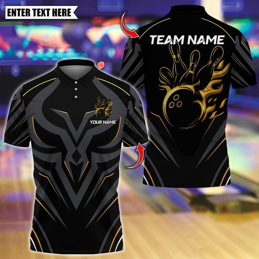 Custom Bowling Polo Shirt, Golden Royal Flame Design, Personalized Bowling Polo for Men Women, Personalized Name Team 3D Shirt