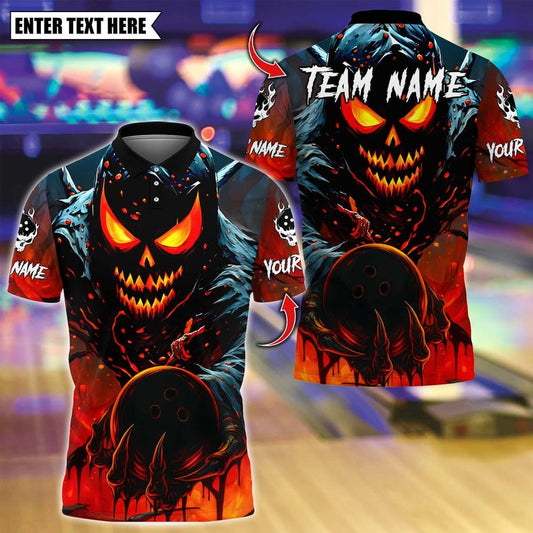 Custom Bowling Polo Shirt, Evil Pumpkin Demon With Bowling Design, Personalized Bowling Polo for Men Women, Personalized Name Team 3D Shirt