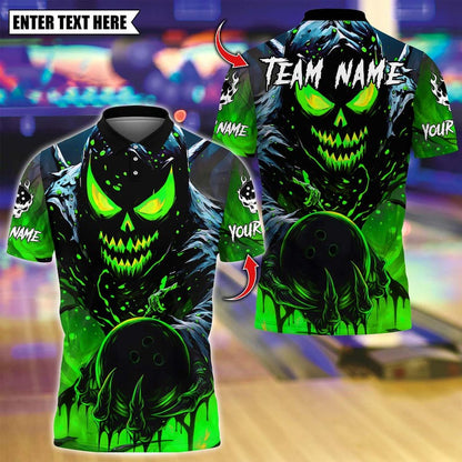Custom Bowling Polo Shirt, Evil Pumpkin Demon With Bowling Design, Personalized Bowling Polo for Men Women, Personalized Name Team 3D Shirt