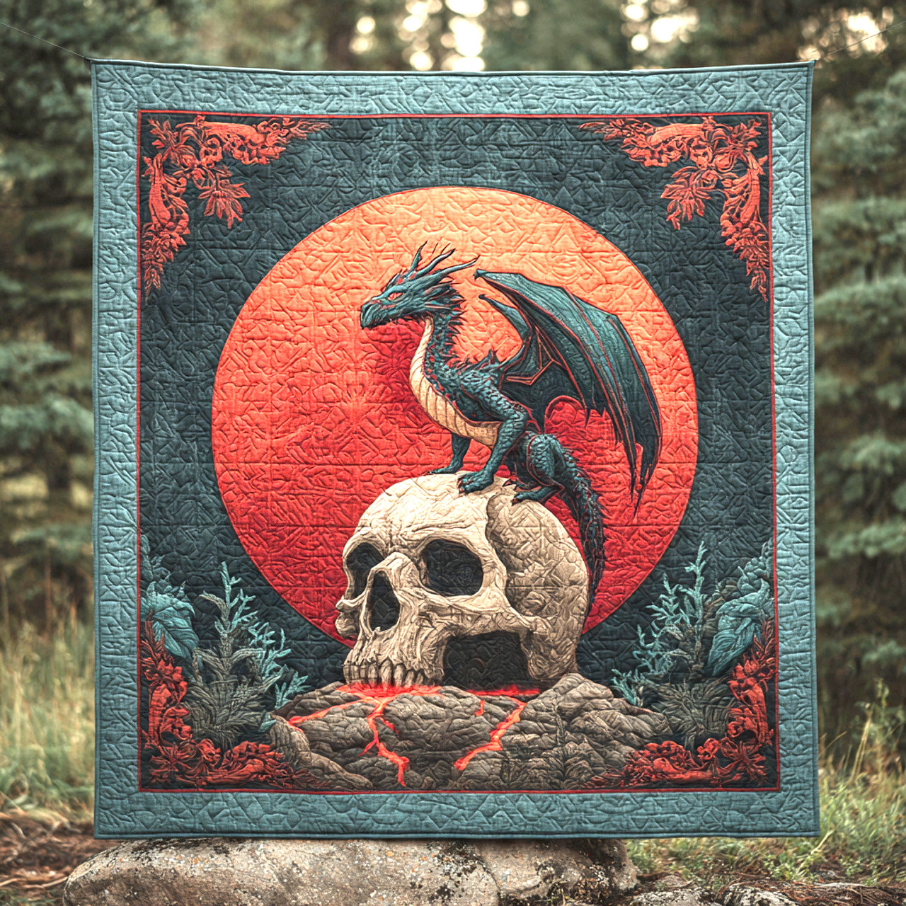 Crimson Eclipse Skull Guardian — Dragon Quilt Blanket