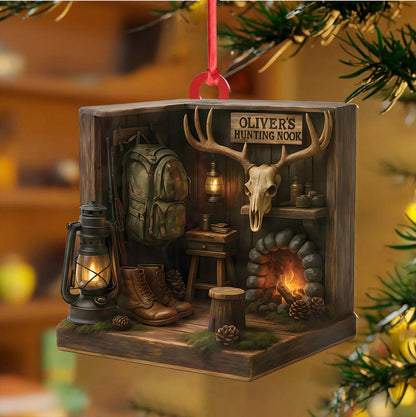 Personalized Hunting Cabin Ornament, Custom Name Deer Antler Lodge Christmas Decoration