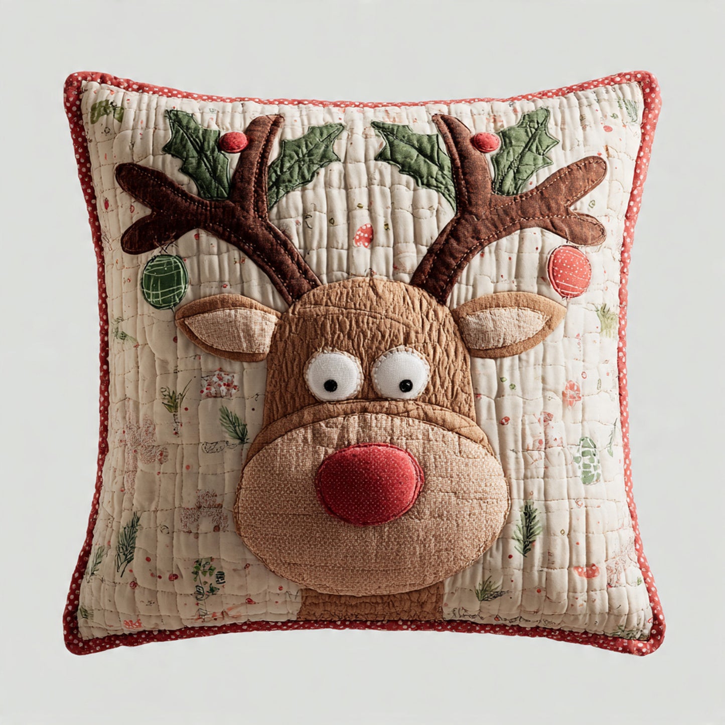 Rudolph Reindeer Quilted Pillow — Big Red Nose, Festive Christmas Cushion