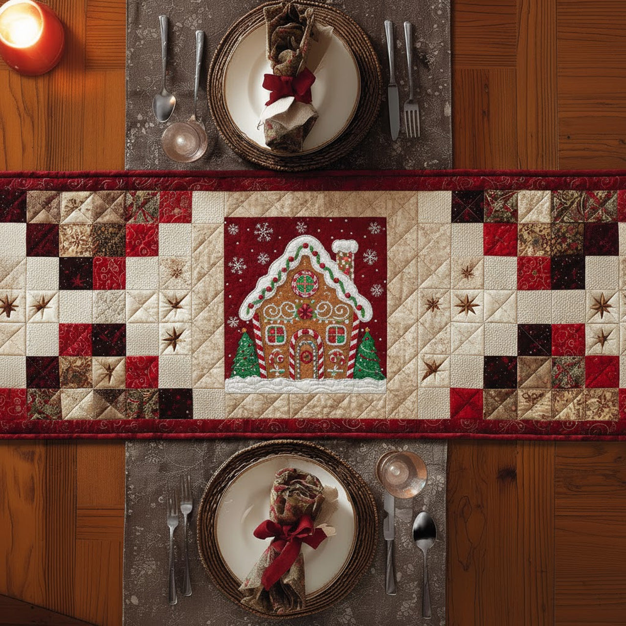 Gingerbread House Quilted Table Runner — Red & Cream Holiday Kitchen Decor