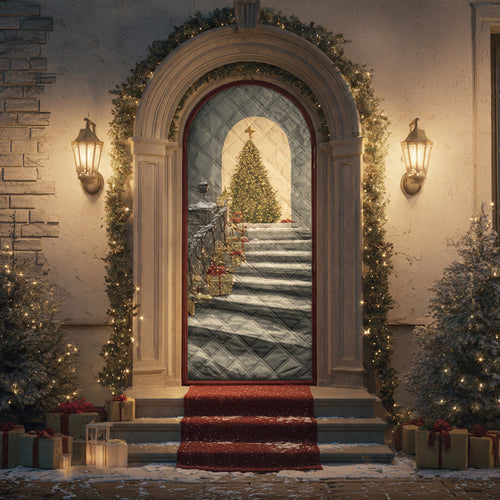 Stairway to Christmas Tree — Elegant Arched Door Mural, Winter Front Door Decoration