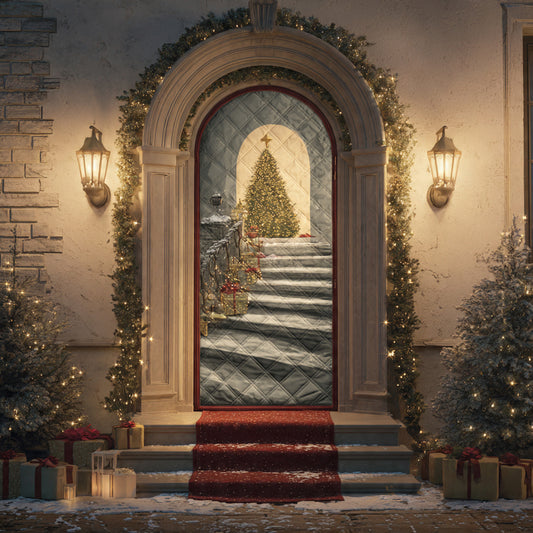 Stairway to Christmas Tree — Elegant Arched Door Mural, Winter Front Door Decoration