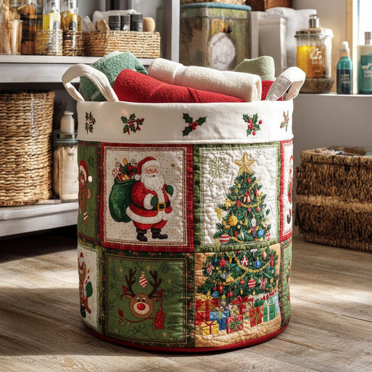 Patchwork Santa & Tree Quilted Storage Bin — Holiday Laundry Basket Organizer