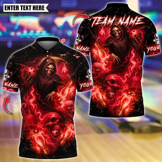 Custom Bowling Polo Shirt, Flame Reaper And Fire Skull Design, Personalized Bowling Polo for Men Women, Personalized Name Team 3D Shirt