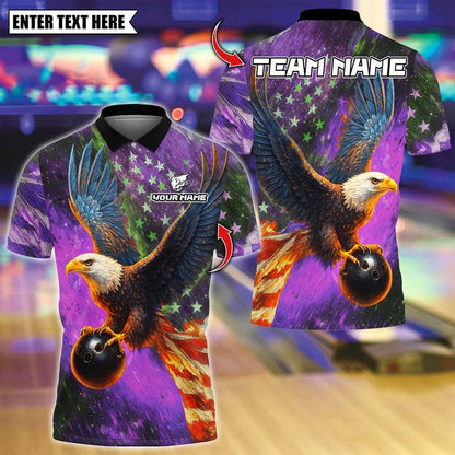 Custom Bowling Polo Shirt, Sky Eagle US Flag With Bowling Design, Personalized Bowling Polo for Men Women, Personalized Name Team 3D Shirt