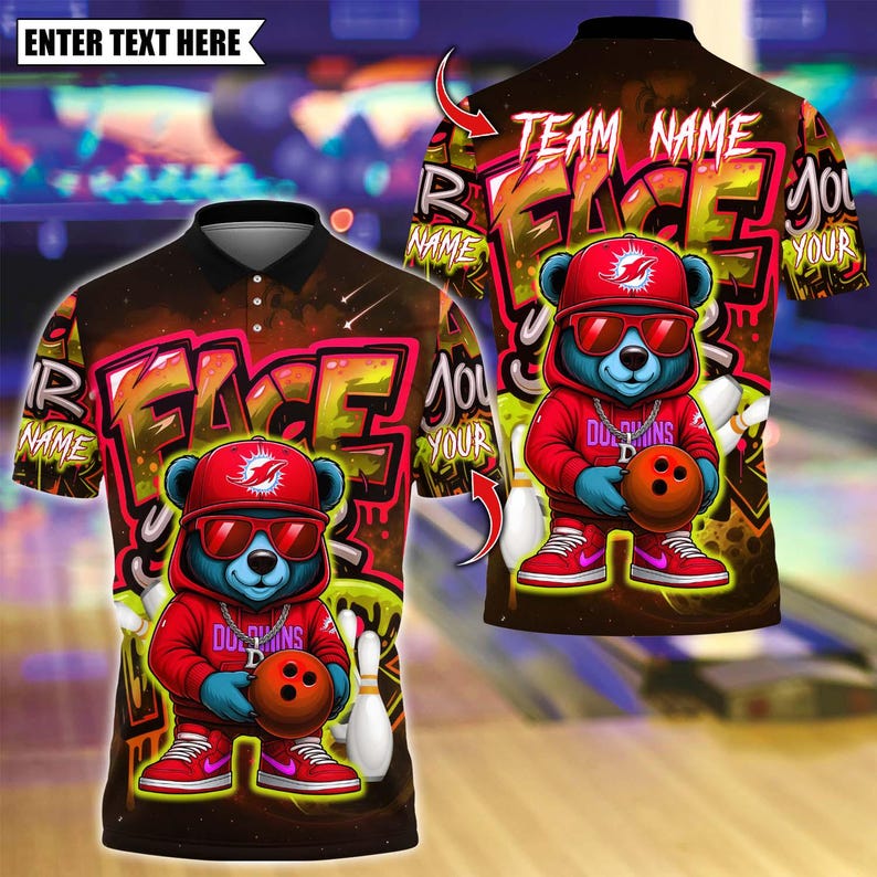 Custom Bowling Polo Shirt, Graffiti Hiphop Bear With Bowling Design, Personalized Bowling Polo for Men Women,Personalized Name Team 3D Shirt