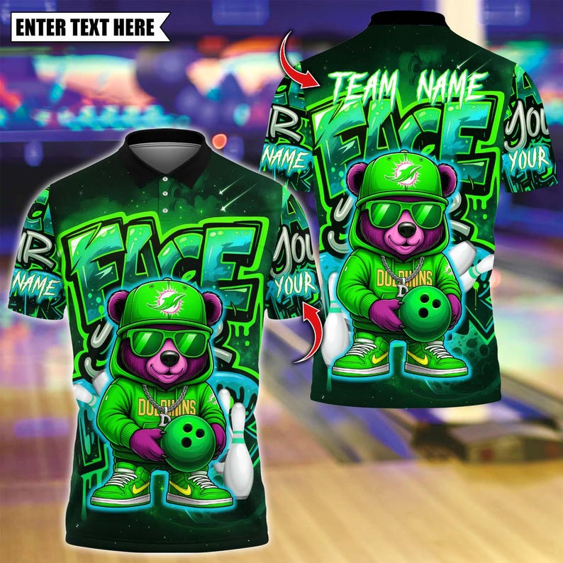 Custom Bowling Polo Shirt, Graffiti Hiphop Bear With Bowling Design, Personalized Bowling Polo for Men Women,Personalized Name Team 3D Shirt