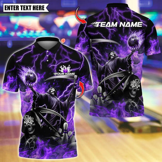 Custom Bowling Polo Shirt, Grim Reaper Skull With Flame Bowling Design, Personalized Bowling Polo for Men, Personalized Name Team 3D Shirt