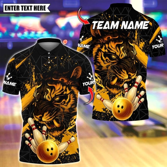 Custom Bowling Polo Shirt, Tiger Golden Ball Striking Design, Personalized Bowling Polo for Men Women,Personalized Name Team 3D Shirt