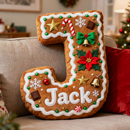 Personalized Christmas gingerbread man themed initial name pillow