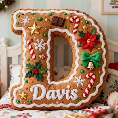 Personalized Christmas gingerbread man themed initial name pillow