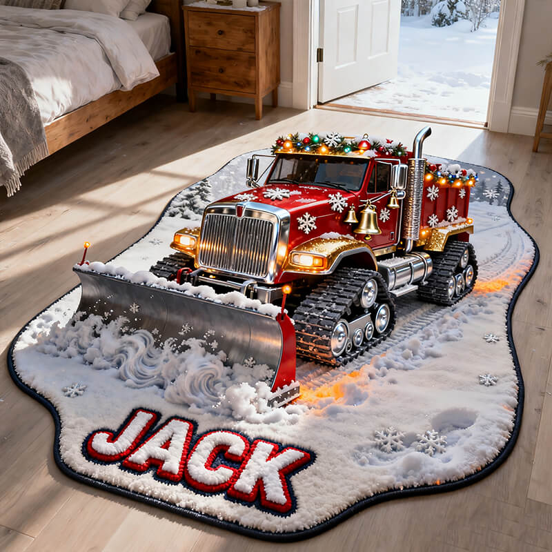 Personalized christmas snowplow themed rug