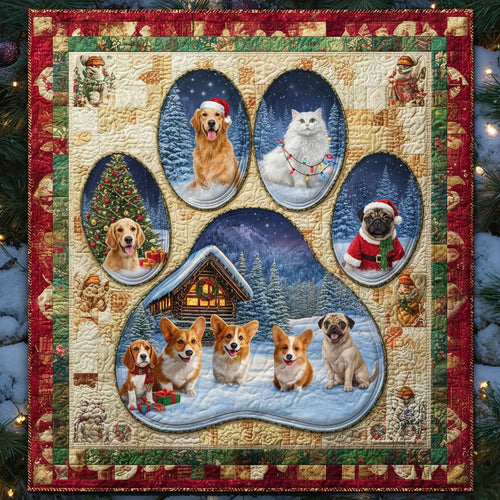 Pet Portrait Paw Print Christmas Quilt — Cats, Dogs & Winter Cabin Scene